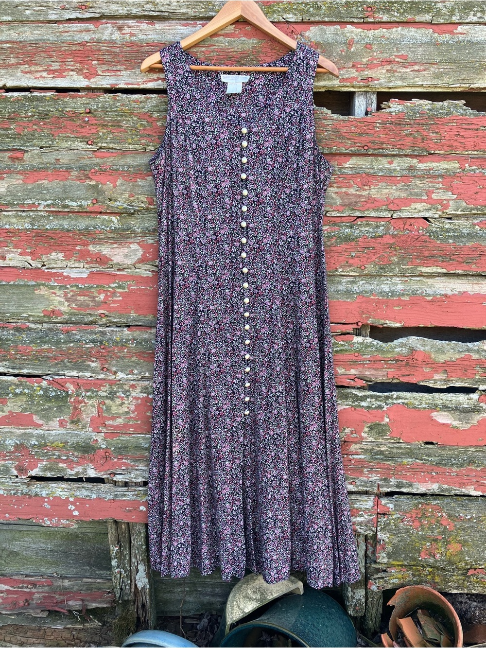 Paris Sport Club 90's Floral Button Front Maxi Dress Purple & Green Ditsy Floral - Picture 2 of 15